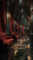 Luxurious interior featuring ornate decor, velvet seating, and elegant lighting in a dimly lit hall photo