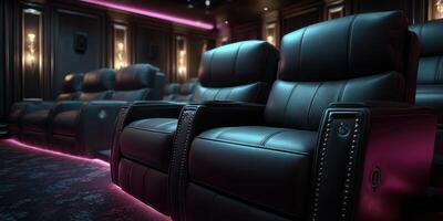 Luxury theater seating in a private cinema hall during a movie screening photo