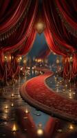 Elegant red drapery and glowing lanterns create a magical atmosphere at a luxurious event venue photo