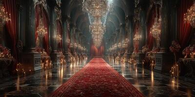 Elegant grand hall adorned with chandeliers and red carpet illuminated by candles during a lavish evening gathering photo