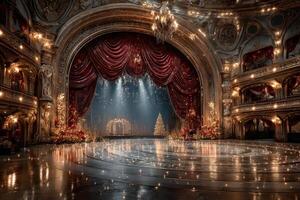 Elegant theater stage adorned for a festive winter celebration in a grand venue photo
