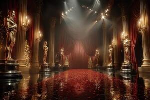 Golden statues decorate an elegant hallway during a glamorous awards ceremony event in a lavish venue photo