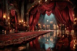 Elegant ballroom filled with red drapes, ornate decor, and soft lighting creating a warm atmosphere during a nighttime gathering photo