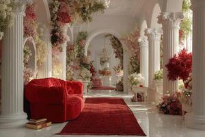 Elegant floral interior design showcasing vibrant red and white arrangements in an ornate space during daylight photo