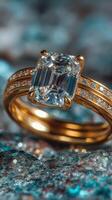 Elegant gold and diamond engagement ring resting on a textured surface with sparkling blue backdrop photo