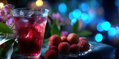 Refreshing beverage with lychee fruit in a vibrant setting during an evening gathering photo