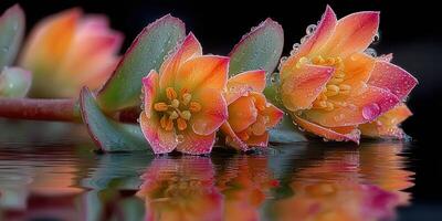 Colorful flowers with dew reflections in water create a serene and vibrant natural setting at dawn photo