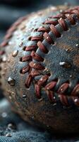 Detailed close-up of a wet baseball with visible texture and drops of water on its surface photo