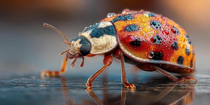 Brightly colored ladybug climbing on a surface after a rain shower in a garden setting photo