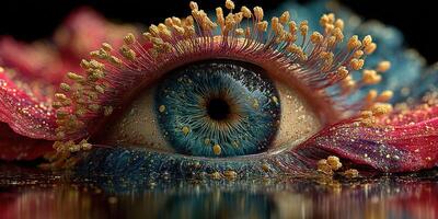 Eye surrounded by colorful petals and golden pollen creating a vivid and artistic representation of nature's beauty photo
