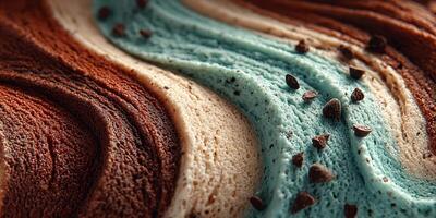 Swirls of ice cream in chocolate and mint flavors with chocolate chips on a warm summer day photo