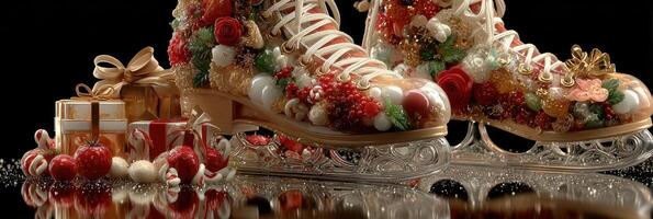 Colorful and festive ice skates adorned with holiday decorations and gifts create a joyful winter scene photo