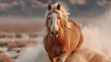 Galloping horse kicks up dust in a vast desert landscape during golden hour photo