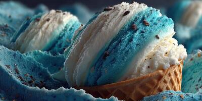 Colorful ice cream scoop sitting on a waffle cone amidst vibrant blue and white cotton candy photo