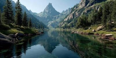 Serene mountain lake reflecting jagged peaks and lush greenery on a clear sunny day photo