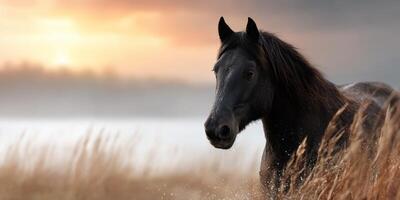 Majestic black horse stands in tall grass during sunset at a serene coastal landscape photo