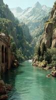 Scenic river flows through majestic mountains and ancient stone structure amidst lush greenery photo