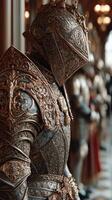 Ornately designed knight armor displayed in a historic castle setting during daylight photo