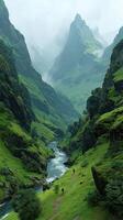Exploring a lush valley with towering mountains under a misty sky during a serene outdoor adventure photo