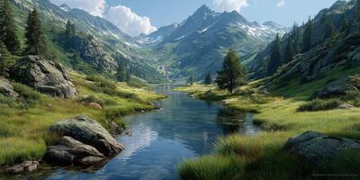Majestic mountain valley with a clear river and lush greenery in daytime photo
