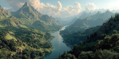 Majestic mountain landscape featuring a flowing river and lush greenery under a bright sky at golden hour photo