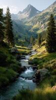 Majestic mountain landscape featuring a serene stream flowing through lush greenery in the early morning light photo