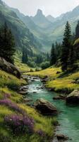 Mountain valley with flowing river, lush greenery, and vibrant wildflowers in springtime sunlight photo