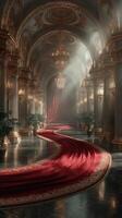 Luxurious ballroom with ornate chandeliers and elegant red carpet winding through grand columns photo
