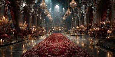 Luxurious grand hall with ornate chandeliers and red carpet in an opulent setting photo