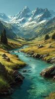 Stunning mountain landscape showcasing a tranquil river flowing through lush valleys and towering snow-capped peaks at sunrise photo