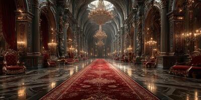 Ornate palace interior with grand chandeliers and luxurious decor unfolds in an opulent setting at dusk photo