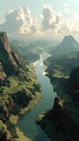 Majestic river flowing through rolling hills and mountains during golden hour in a serene landscape photo