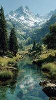 Majestic mountain landscape with a serene river in the foreground and snow-capped peaks in the distance photo