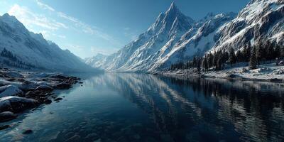 Beautiful winter landscape with snow-covered mountains and a calm lake reflecting the scenery in the early morning light photo