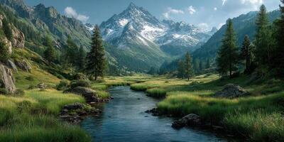 Majestic mountain landscape with a serene river flowing through a lush green valley in the afternoon light photo