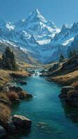 Majestic mountain landscape with a serene river flowing through a verdant valley on a clear day photo