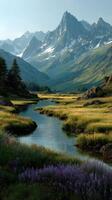 Mountains and flowing river surrounded by blooming wildflowers in a serene valley during daylight hours photo