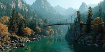 Scenic autumn landscape featuring a suspension bridge over a tranquil river surrounded by mountains photo