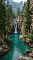 Majestic waterfall cascading into turquoise pool surrounded by towering pine trees in a mountainous landscape photo