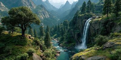 Breathtaking waterfall cascades through lush forested mountains under soft afternoon light photo