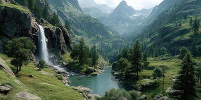 Majestic waterfall cascades into a serene river surrounded by lush green mountains under a bright sky photo