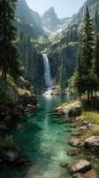 Stunning waterfall cascading into crystal clear pool surrounded by lush greenery and towering mountains at midday photo