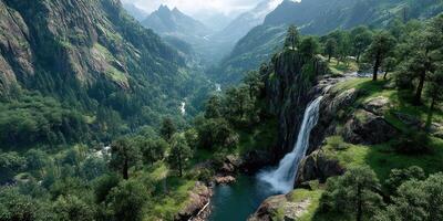Breathtaking waterfall cascades down rocky cliffs surrounded by lush green mountains in a serene valley at midday photo