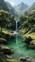 Majestic waterfall cascading into a tranquil mountain stream surrounded by lush greenery and rocky terrain photo