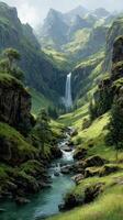 Majestic waterfall cascading down a lush green valley surrounded by towering mountains at dawn photo