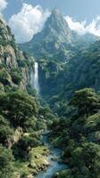 Majestic waterfall cascading down rocky cliffs in a lush green valley surrounded by mountains during a sunny day photo