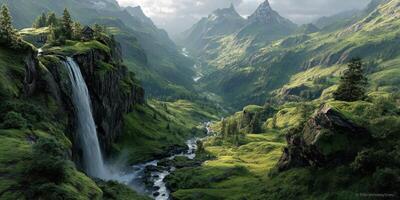 Majestic waterfall cascading through a lush valley surrounded by towering mountains at twilight photo