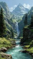 Breathtaking mountain landscape with a cascading waterfall and flowing river in a lush green valley under a clear blue sky photo