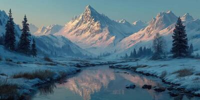 Snowy mountain landscape reflects in calm river during early morning light in serene wilderness photo
