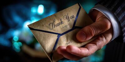 Elegant thank you card held in a person's hand, perfect for expressing gratitude on special occasions photo